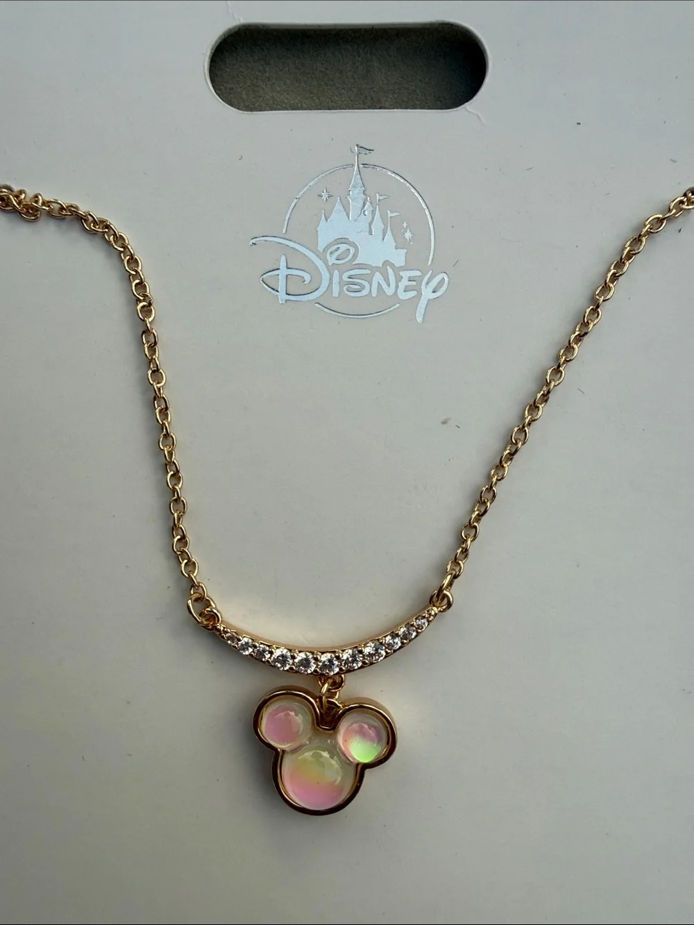 Disney Gold-Tone Iridescent Pink Mickey Mouse Cubic Zirconia Pendant Necklace